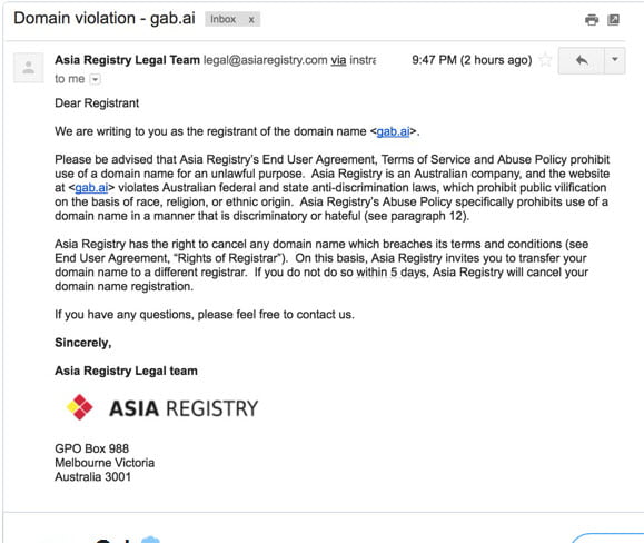 Asia Registry to Gab